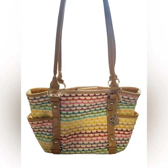 Woven Multicolor Straw Tote Bag Tan Faux Leather Handles Shoulder Purse - Picture 4 of 16